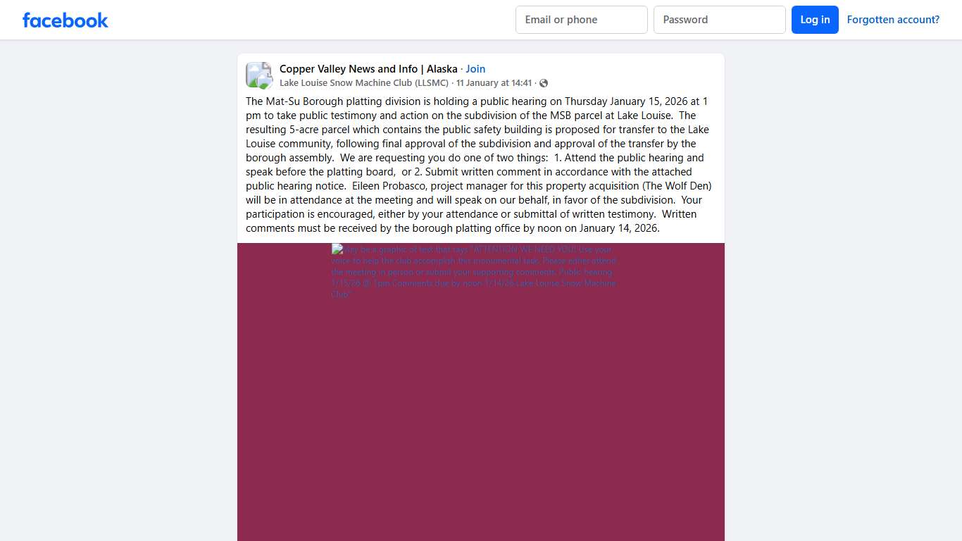 Copper Valley News and Info Alaska The Mat-Su Borough platting division is holding a public hearing on Thursday January 15, 2026 at 1 pm to take public testimony and action on the subdi... Facebook